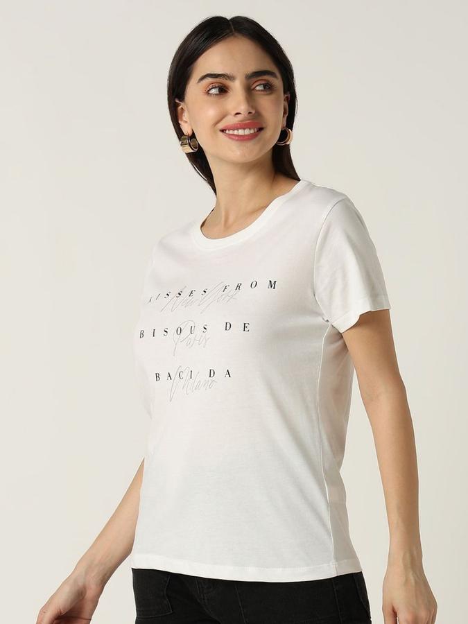 R&B Womens White Typography Printed  Round Neck Short Sleeves T-shirt
