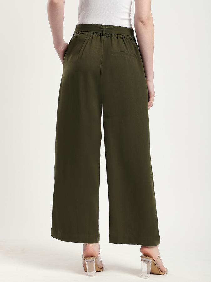 R&B Women Olive Solid Wide-Leg Trousers