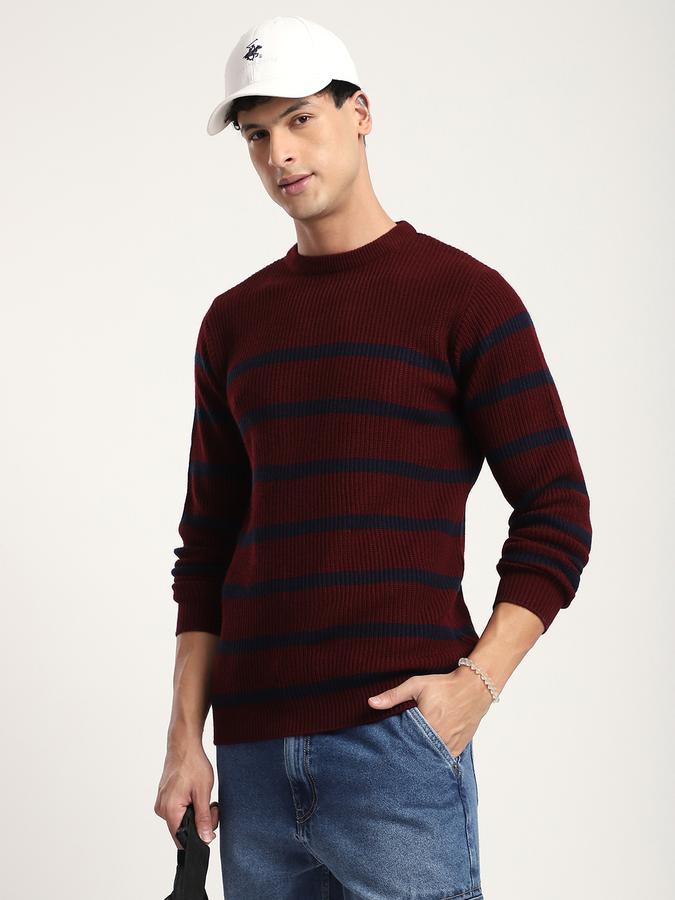 Men Knit Regular Fit Crew Neck Striped Sweater