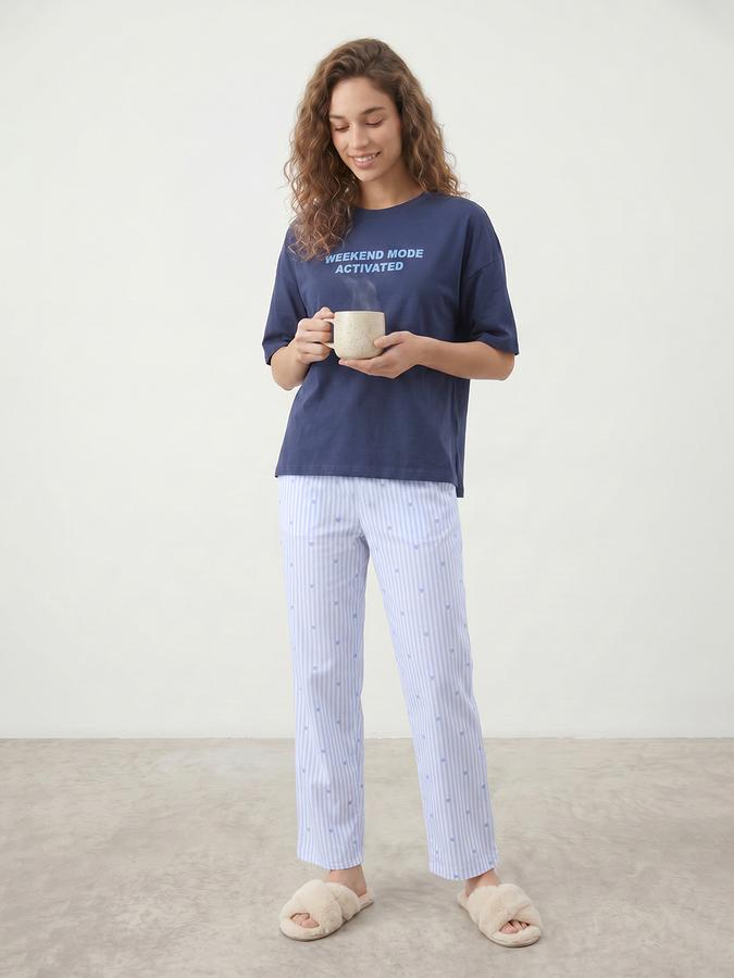 R&B Women's Blue Printed Pure Cotton T-Shirt & Pyjama Night Suit Set