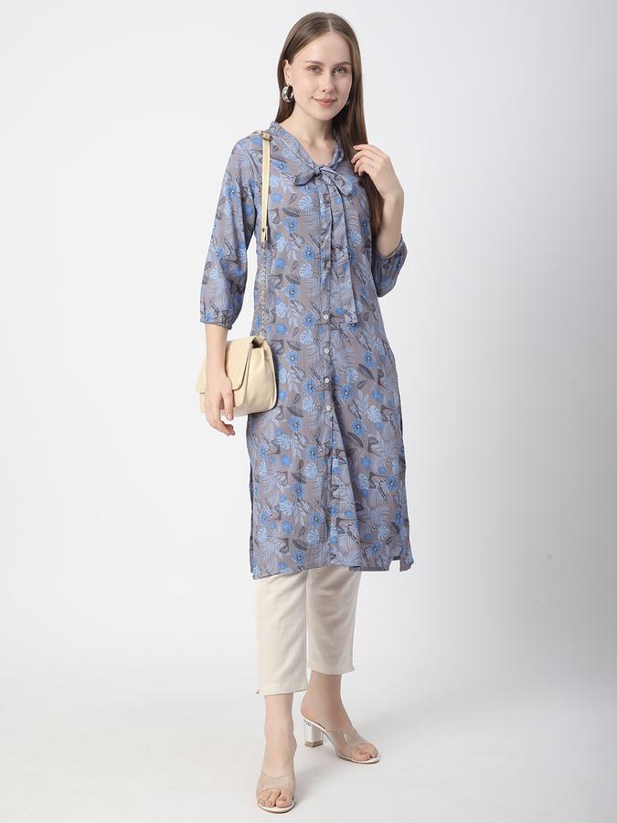 Women Polyester Regular Fit Tie Up Neck Printed Kurta