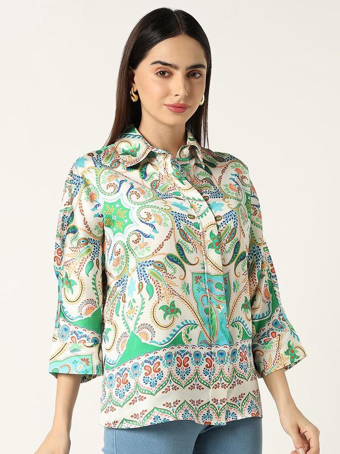 R&B Women Ivory Abstract Print Long Sleeves Shirt 