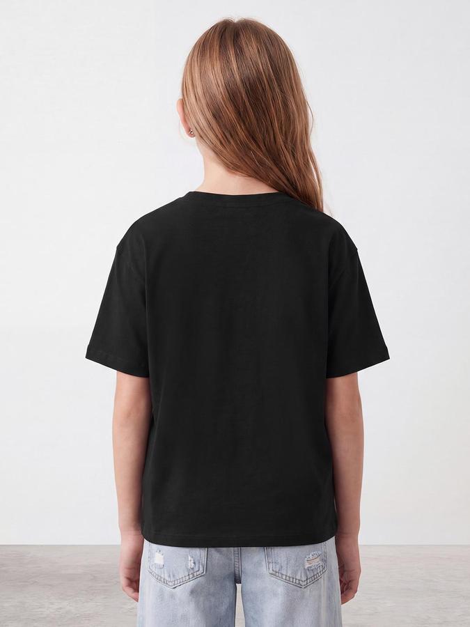 R&B Girls Jet Black Strawberry Print Short Sleeves Round Neck Pure Cotton T-Shirt