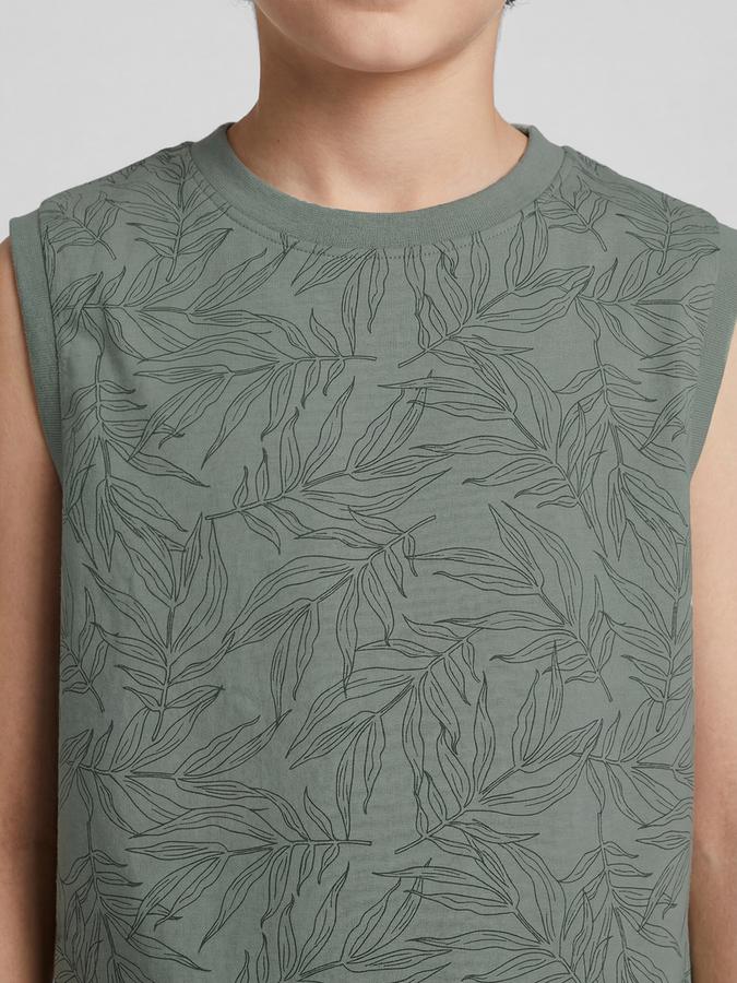R&B Green Floral Print Boys Round Neck Regular Fit Sleeveless T-Shirt 