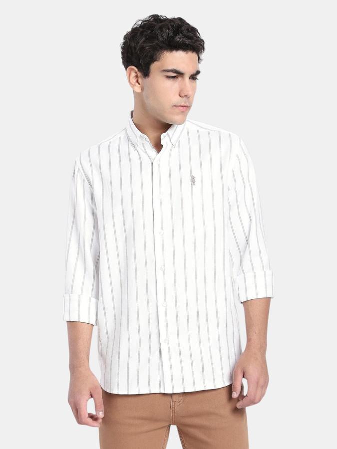 R&B  Off White Striped Men Long Sleeves Regular Fit Shirts
