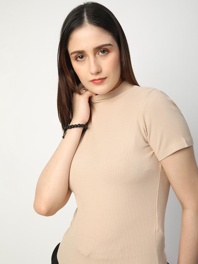 Women Viscose Fitted High Neck Ribbed T-shirt
