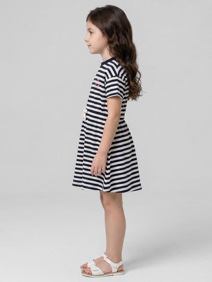 R&B Navy Blue Striped Round Neck Short Sleeves Fit and Flare Mini Girls Dress