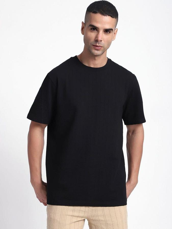 R&B Mens Black Self Design Round Neck Short Sleeves T-shirt
