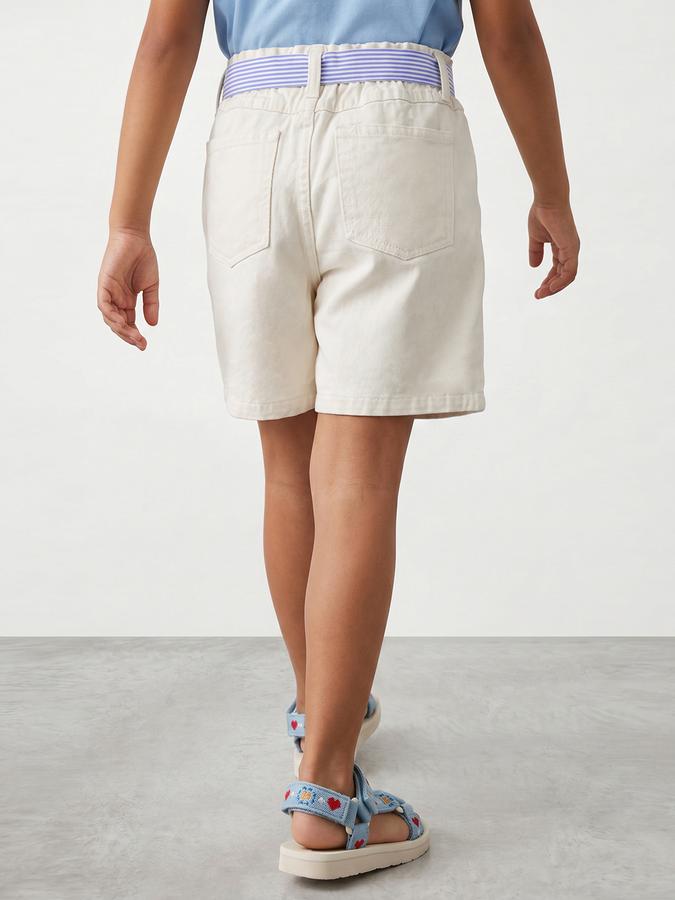 R&B Girls White Solid Mid Rise Pure Cotton With Striped belt Shorts
