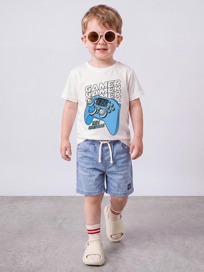 R&B Boys Ivory Short Sleeve Round Neck Game Controller Graphic Print T-Shirt