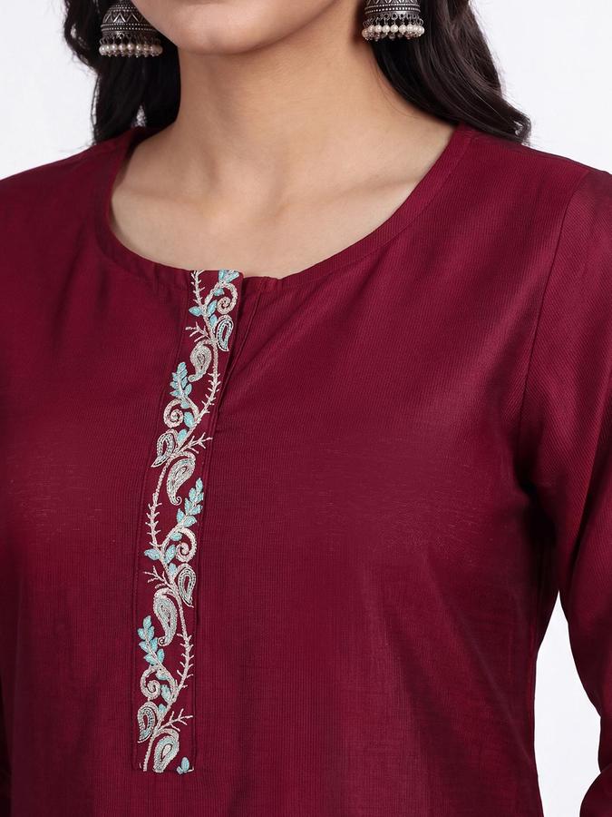 R&B Women Maroon Floral Embroidery Round Neck Three-Quarter Sleeves Ethinic Kurta