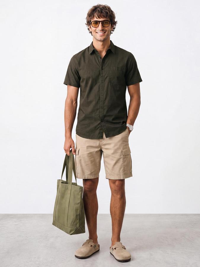 R&B Men Olive Solid Spread Collar Short Sleeves Shirt
