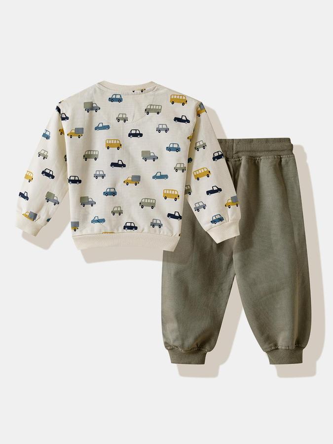 R&B Boys Ivory Cars Print Full Cuff Sleeves Pure Cotton Sweatshirt & Jogger Set