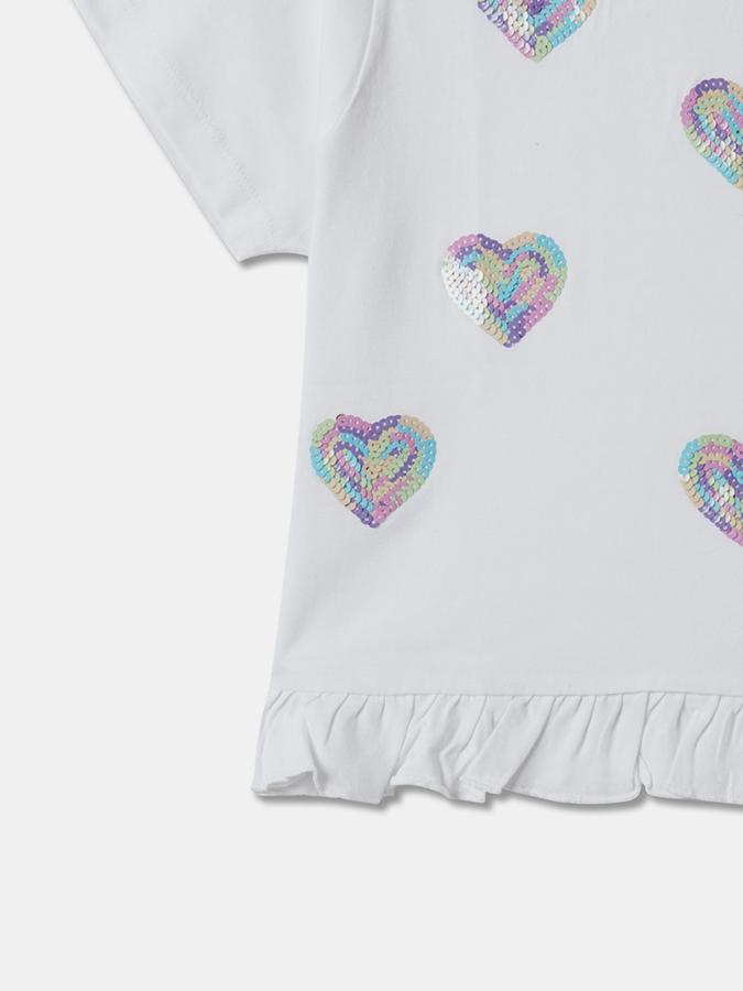 Girls Cotton Regular Fit Crew Neck Short Sleeve Embellished Top