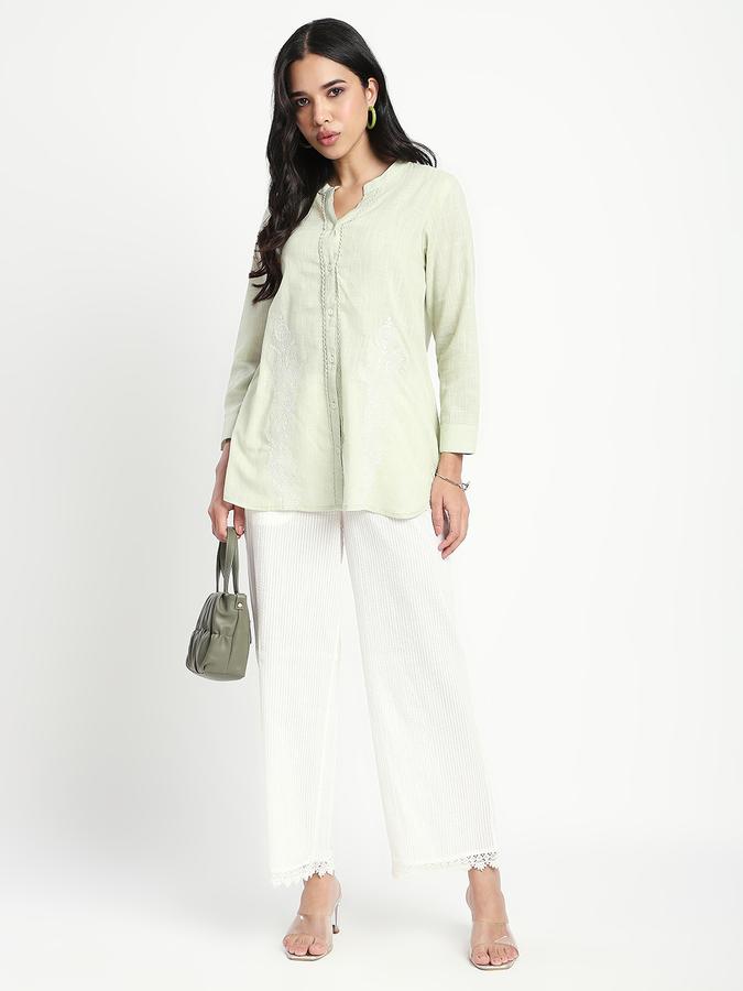 Women Cotton Wide Leg Mid Rise Lace Trim Pants