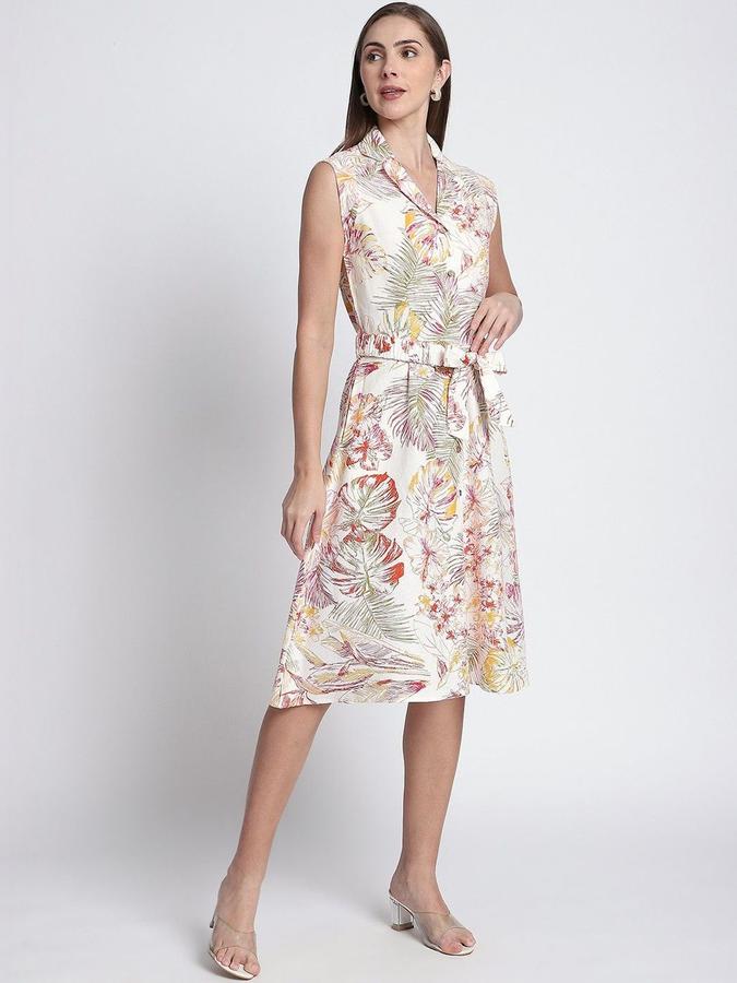 R&B Women Off White Floral Sleeveless Lapel Collar Knee Length A-Line Dress