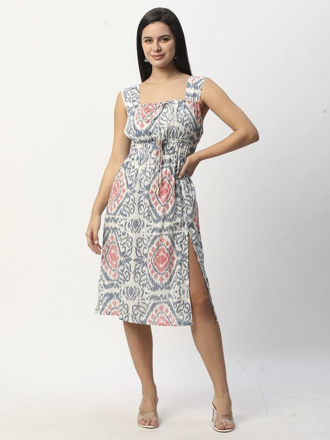 R&B Women Blue Abstract Sleeveless Square Neck Knee Length A-Line Dress