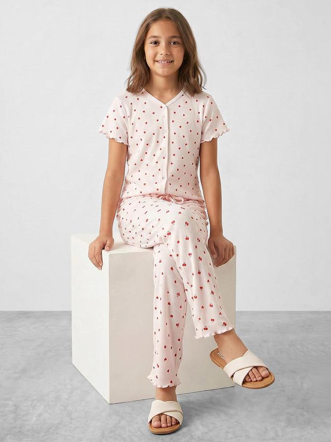 R&B Girls Off White Printed Round Neck Short Sleeves Pure Cotton Shirt &amp; Pyjamas Set