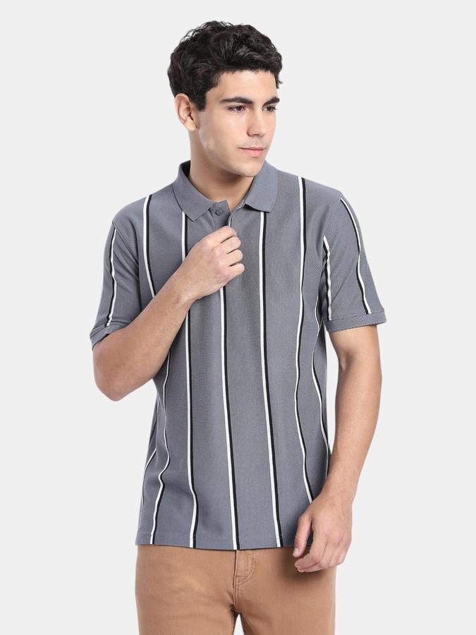 R&B Grey Striped Men Short Sleeve Polo T-shirt