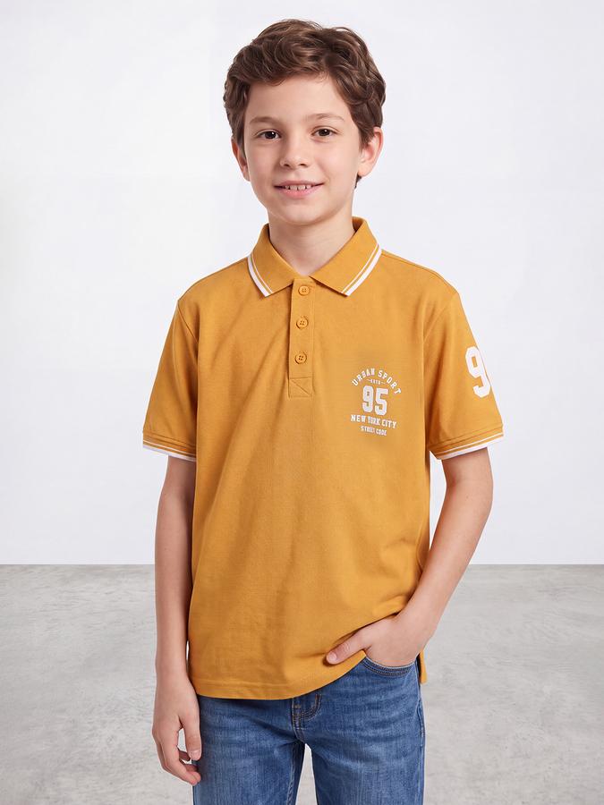 R&B Boys Mustard Collegiate Badge Printed Polo Collar Short Sleeves Pure Cotton T-shirt