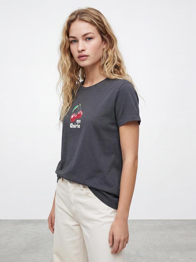 R&B Womens Dark Grey Cherry Graphic Printed Round Neck Half Sleeve Cotton Regular Fit T-Shirt