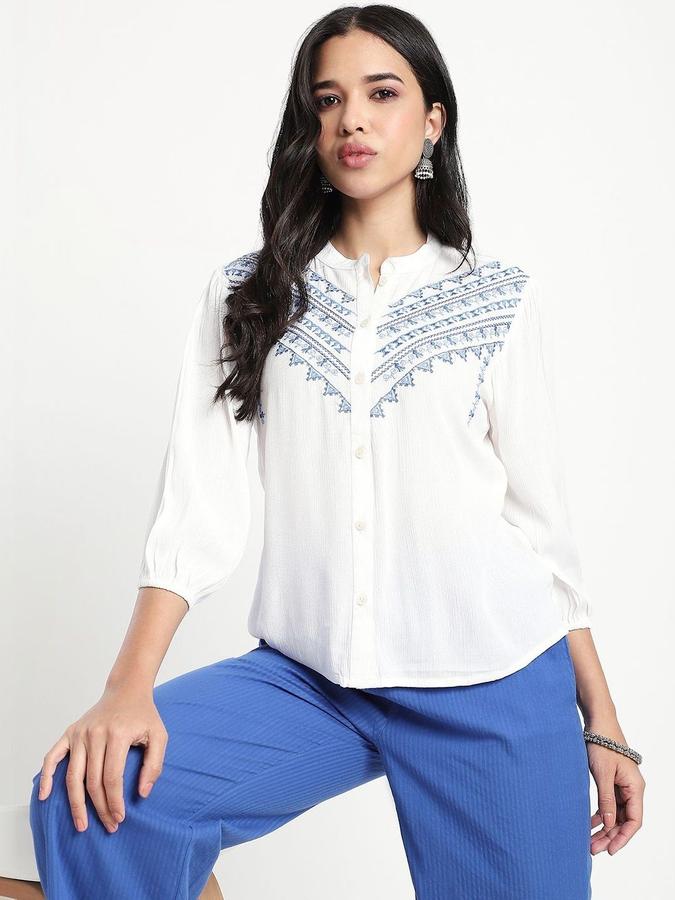 Women Viscose Regular Fit Mandarin Collar Embroidered Top