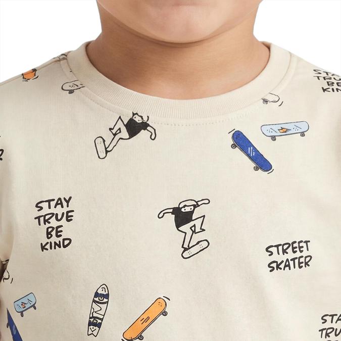 R&B Boy Beige Cotton Printed Round Neck T-Shirt