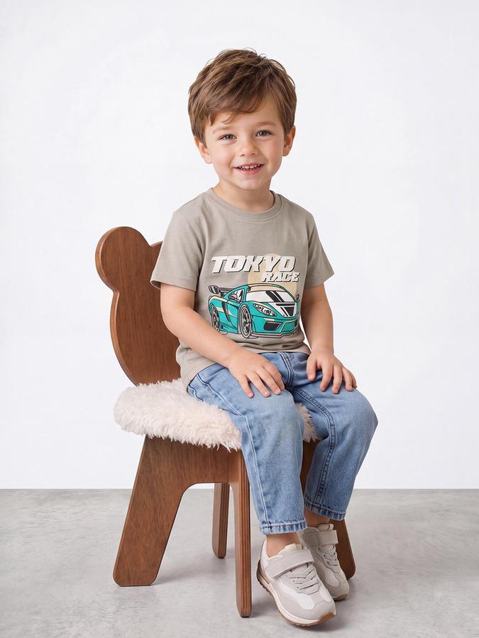 R&B Boys Beige Short Sleeve Round Neck Car Graphic Print T-Shirt