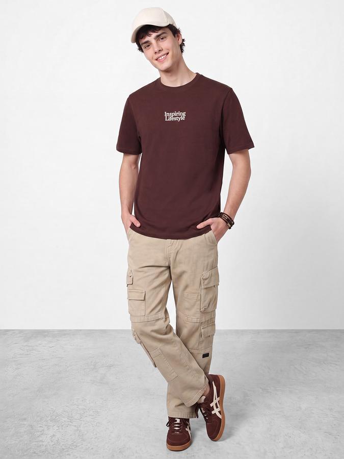 R&B Men Rust Typographic Print Short Sleeves Relaxed Fit Pure Cotton Tshirt