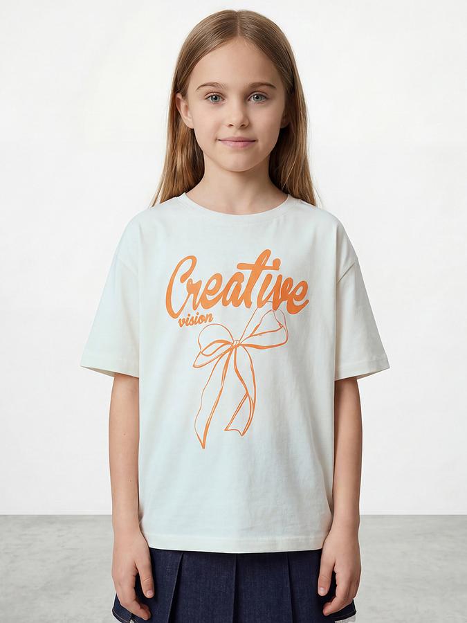 R&B Girls White Regular Fit Bow Printed Short Sleeve T-shirt