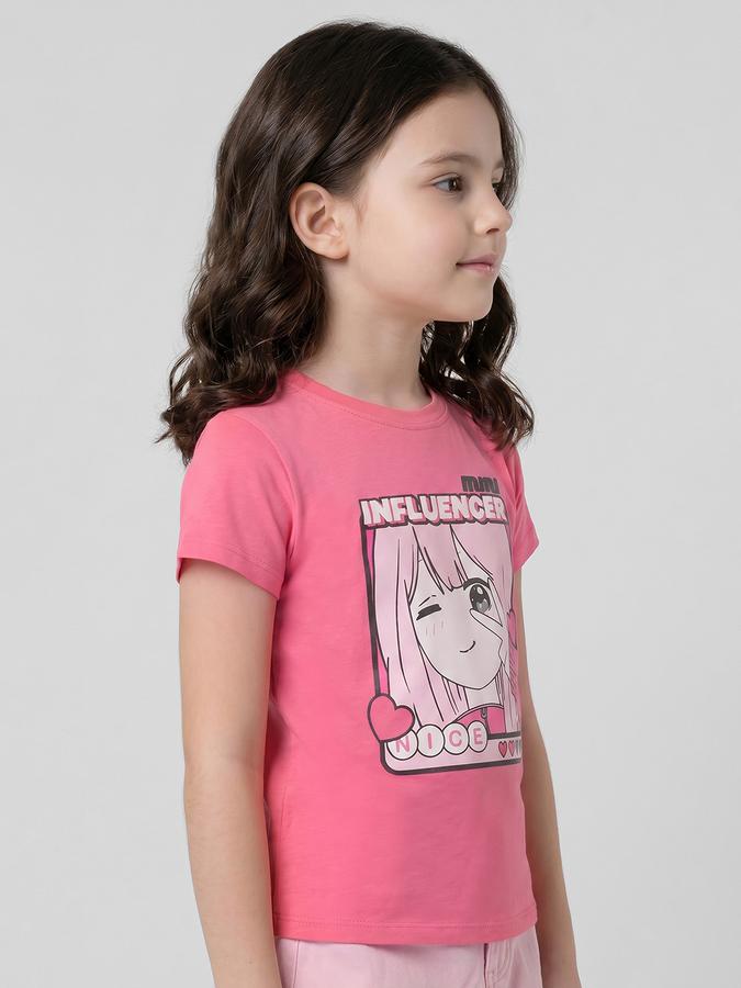 R&B Pink Graphic Print Girls Round Neck Regular Fit Short Sleeves T-Shirt 