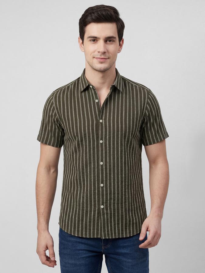R&B Olive Striped Men Spread Collar Short Sleeves Shirt