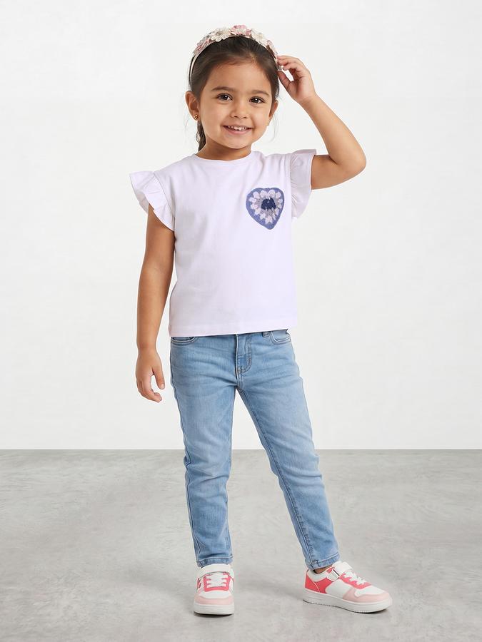 R&B Girls White Regular Fit Embroidered Short Sleeve T-shirt