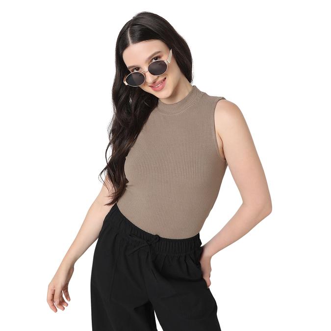 R&B Women Brown Solid Sleeveless Ribbed Top