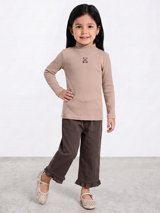 R&B Girls Beige Textured Long Sleeves High Neck Ribbed T-Shirt