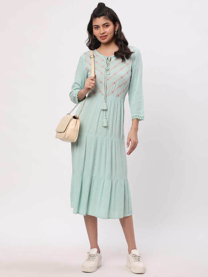 Women Rayon Embroidered Tiered Ethnic Dress