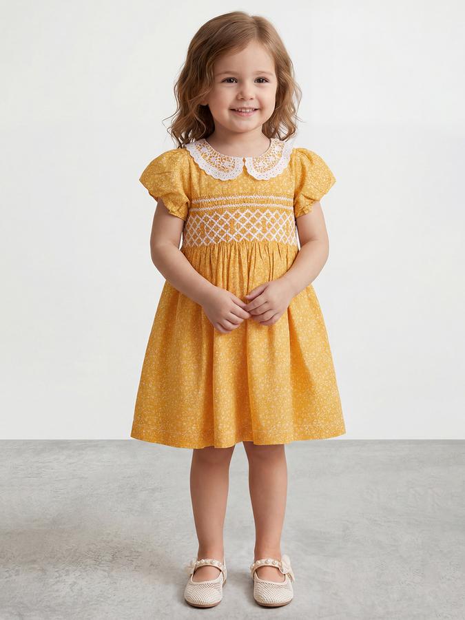 R&B Girl Yellow Floral Print Pure Cotton Puff Sleeves Fit and Flare Dress