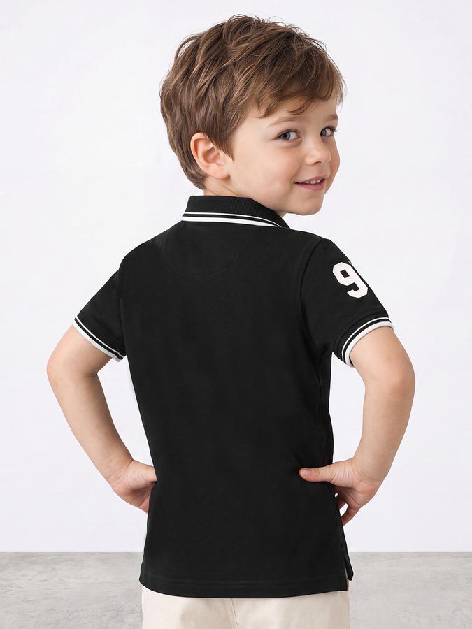 R&B Boys Black Typographic Print Short Sleeves Tipping Polo Collar Tshirt