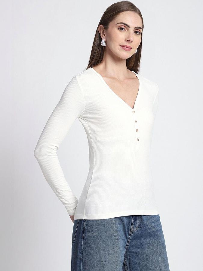 R&B Womens Ivory Self Design V-Neck Long Sleeves T-shirt