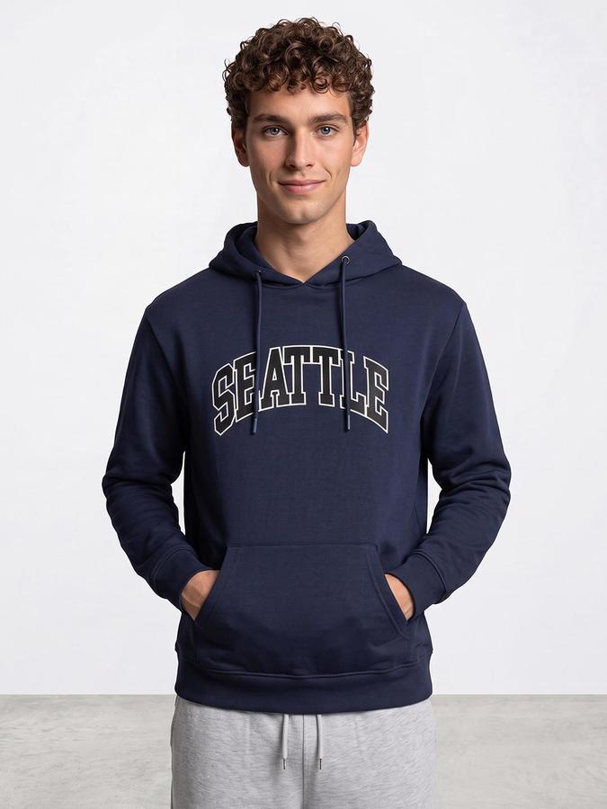 R&B Men Light Blue Graphic Print Hooded Long Sleeves Sweatshirt