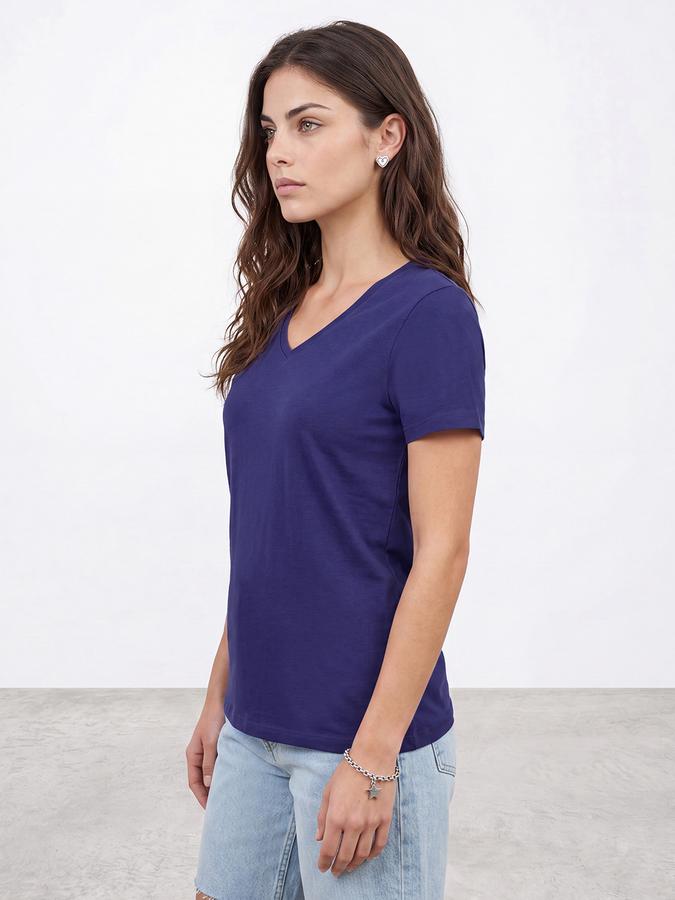 R&B Women Cobalt Blue Solid Short Sleeves V-Neck Tshirt