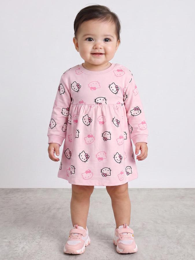 R&B Girls Light Pink Hello Kitty Cartoon Character Print Fit and Flare Dress