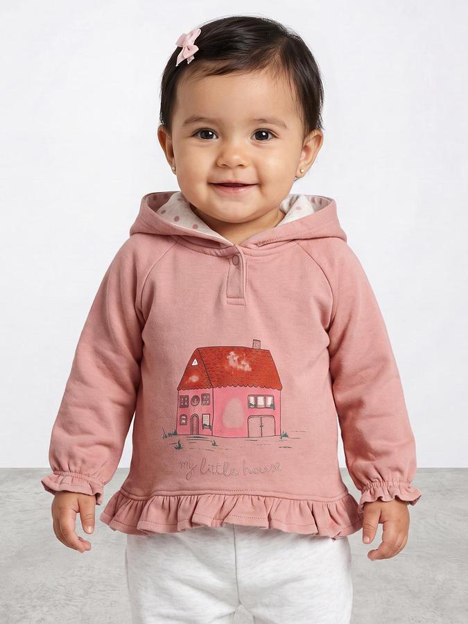 R&B Girls Peach Graphic Print Hooded Long Sleeves Sweatshirt