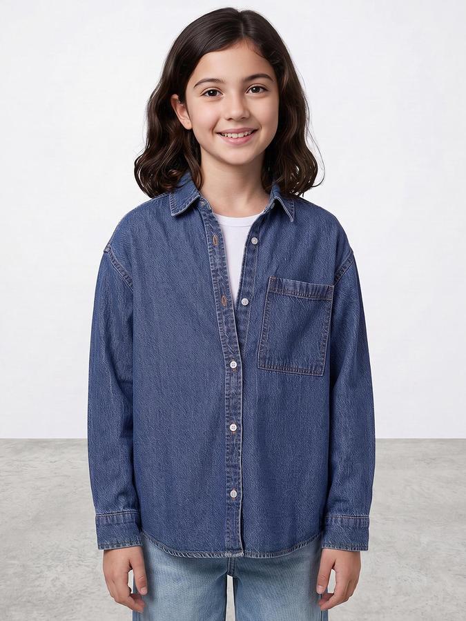 R&B Girls Blue Solid Spread Collar Long Sleeves Denim Shirt 
