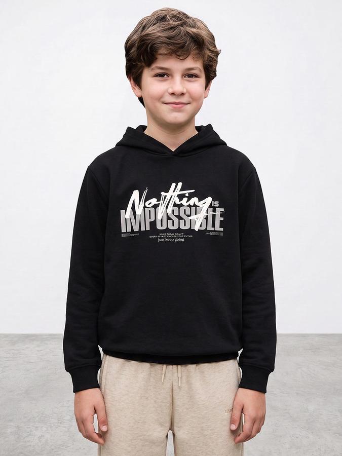R&B Boys Black Typography Print Hooded Long Sleeves Sweatshirt