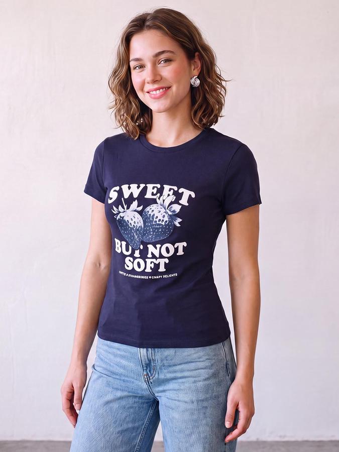 R&B Women Dark Blue Strawberry Graphic Print Round Neck Short Sleeves T-Shirt