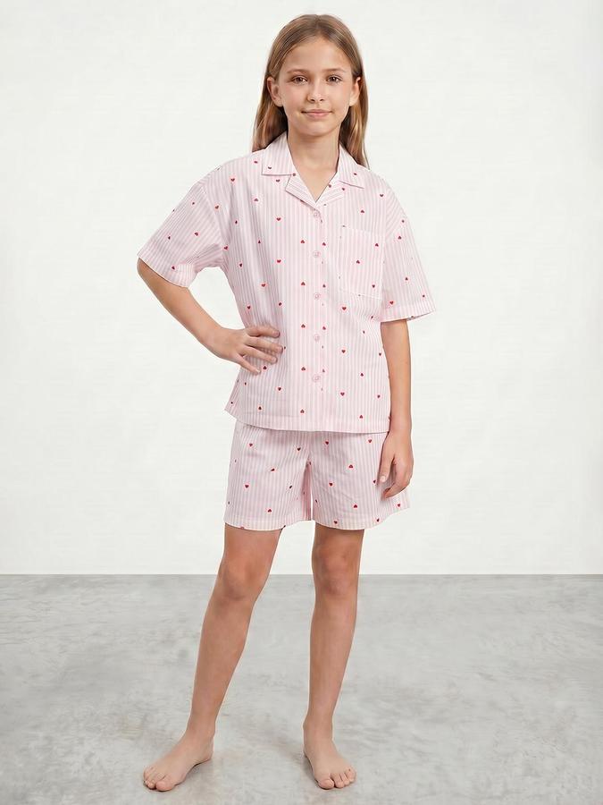 R&B Girls Pink Striped Shirt Collar Short Sleeves Pure Cotton Shirt &amp; Shorts Set