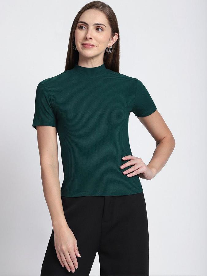 R&B Womens Dark Green Self Design High Neck Short Sleeves Top