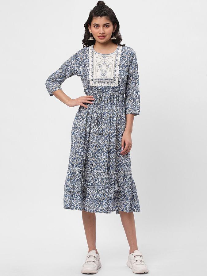 R&B Women Blue Printed Three Quarter Sleeves Fit &amp; Flared Knee Length Ethnic Dress