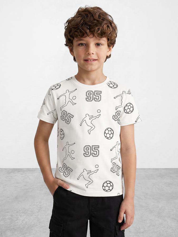 R&B Boys Beige Short sleeve Round Neck Game On Football Graphics All over printed Pure Cotton T-Shirt